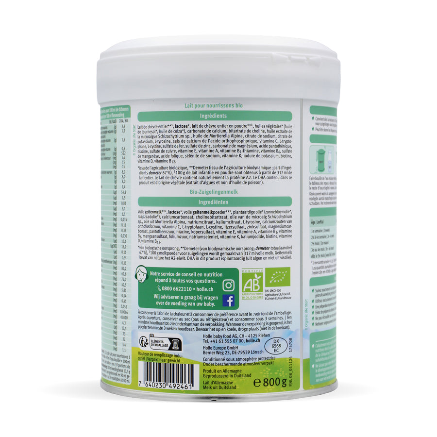 Holle Goat Dutch Stage 3 Toddler Milk Formula 800g tin back view with ingredients