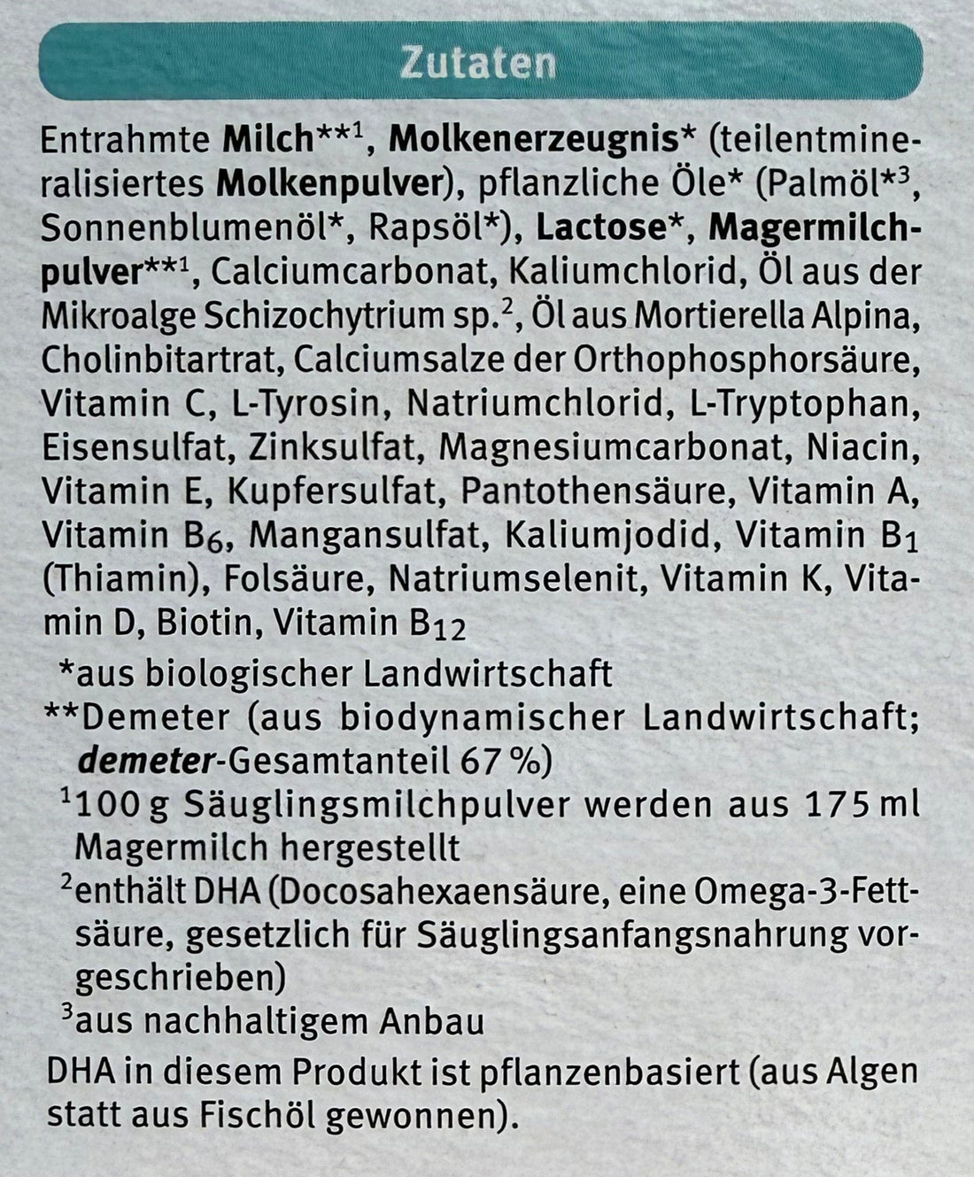 Holle Bio Stage 1 Formula ingredients