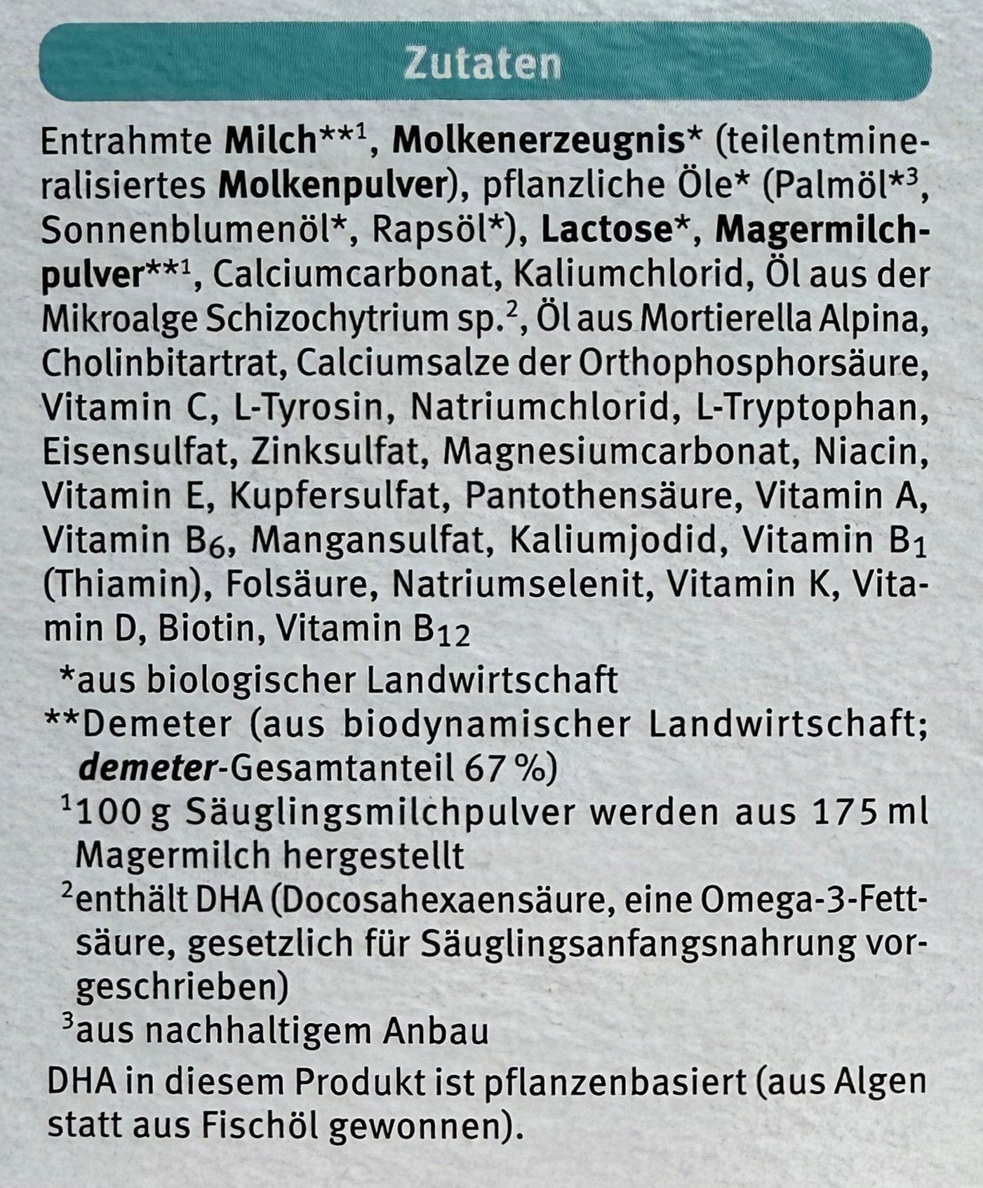 Holle Bio Stage 1 Formula ingredients