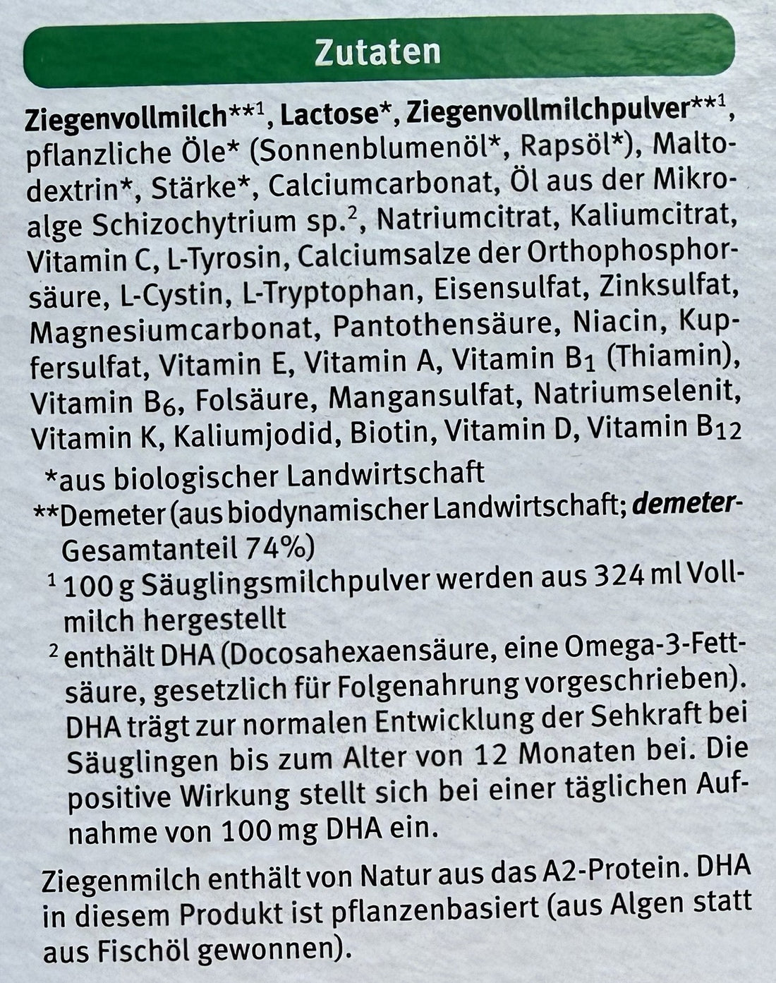 Holle Goat Stage 2 Formula ingredients
