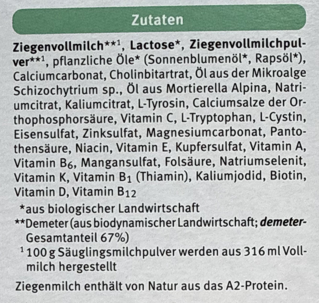 Holle Goat Stage PRE Formula ingredients