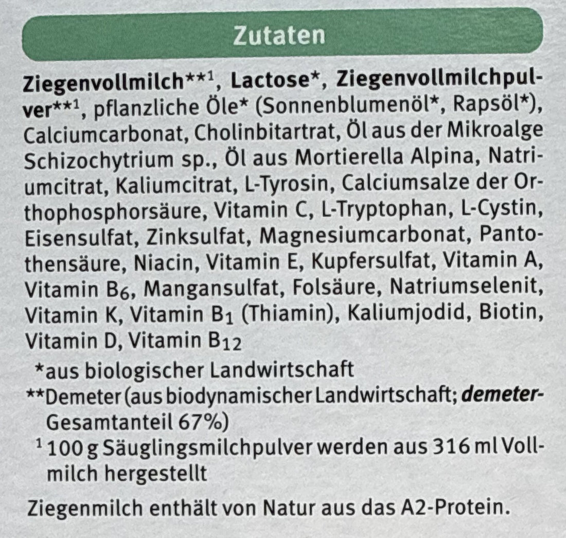 Holle Goat Stage PRE Formula ingredients