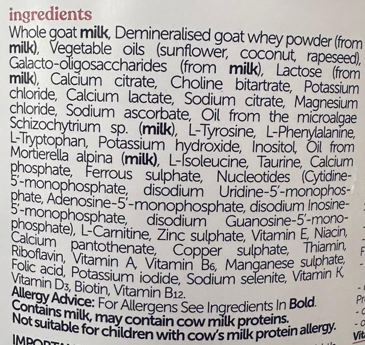 Kendamil Goat Stage 1 Formula ingredients