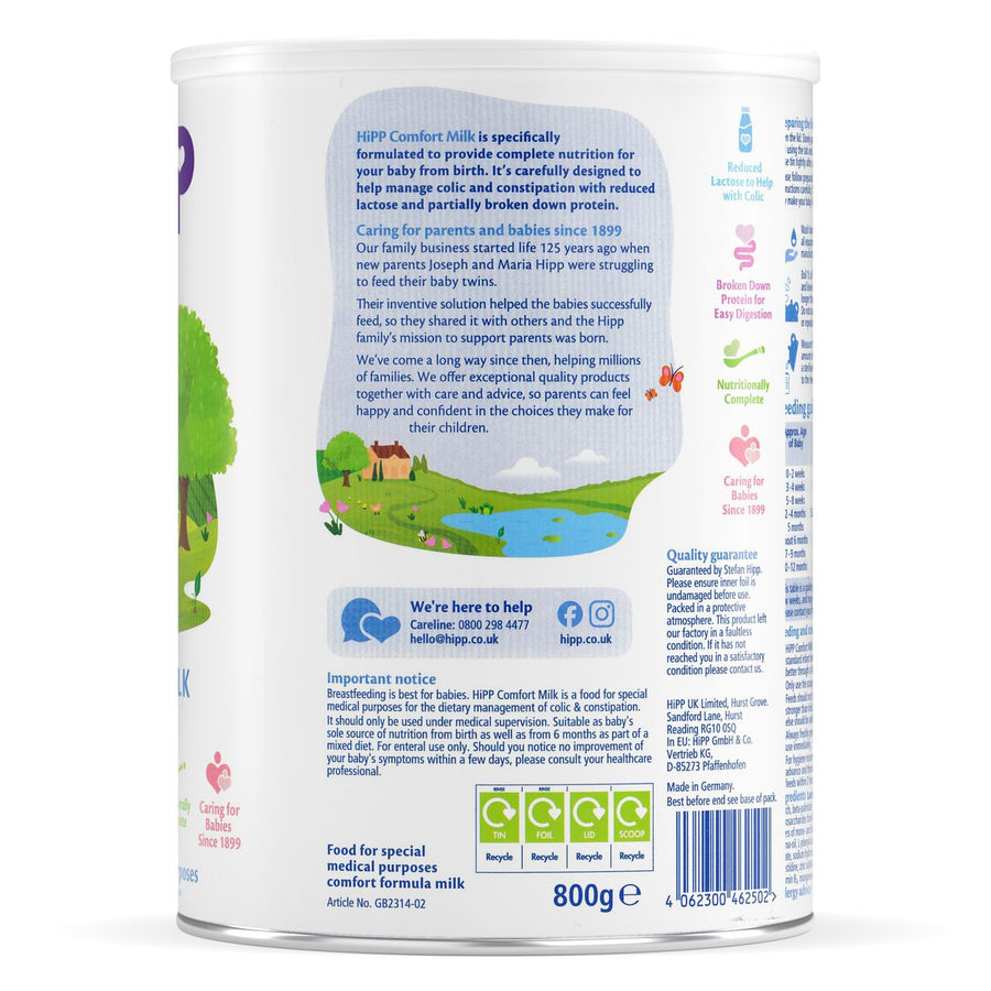 HiPP UK Comfort Formula Combiotic From Birth can: back label with barcode, important notice and contact details