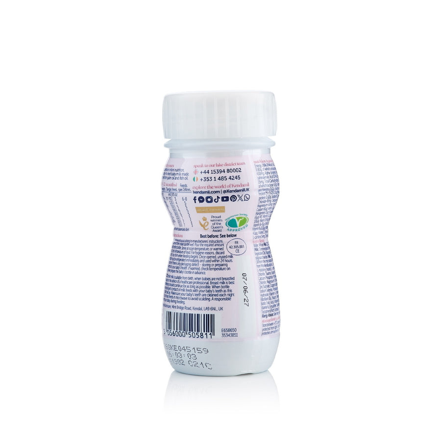 Kendamil Classic Ready to Feed Stage 1 bottle: back label with barcode and contact details