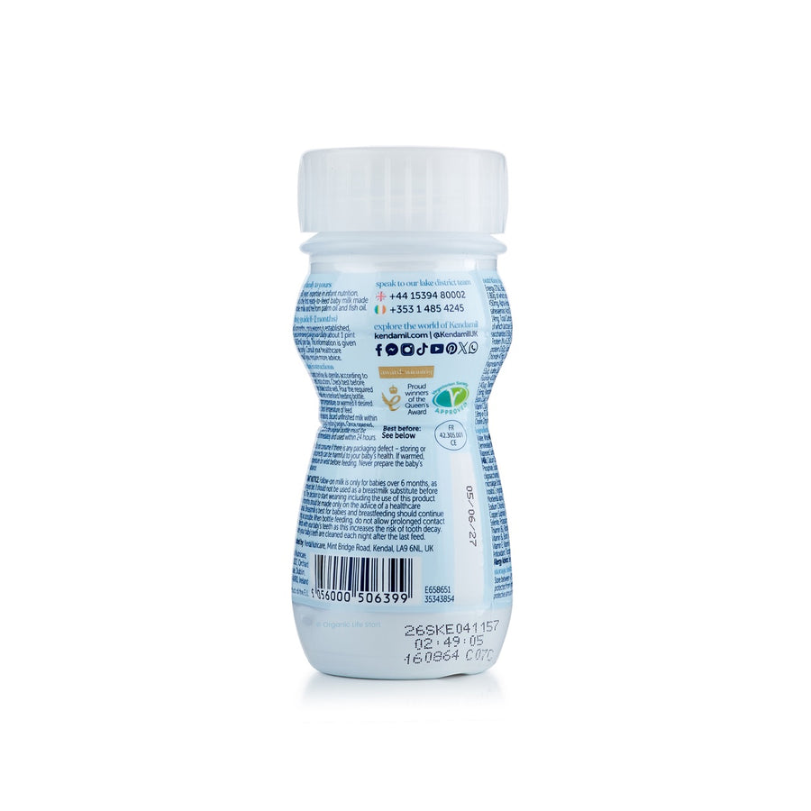 Kendamil Classic Ready to Feed Stage 2 bottle: back label with barcode and contact details